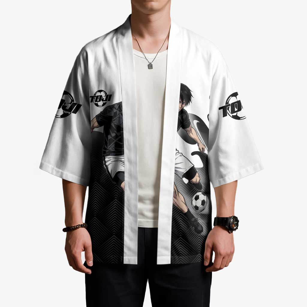 Personalized Toji Fushiguro Jujutsu Kaisen Soccer Theme Kimono with Dribbling Pose and Monochrome Black White Flame Graphic Design - The Mazicc