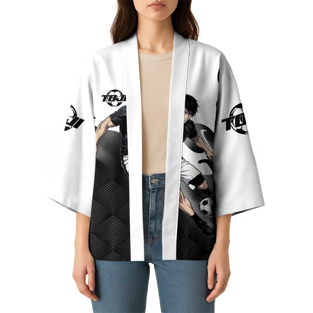Personalized Toji Fushiguro Jujutsu Kaisen Soccer Theme Kimono with Dribbling Pose and Monochrome Black White Flame Graphic Design - The Mazicc