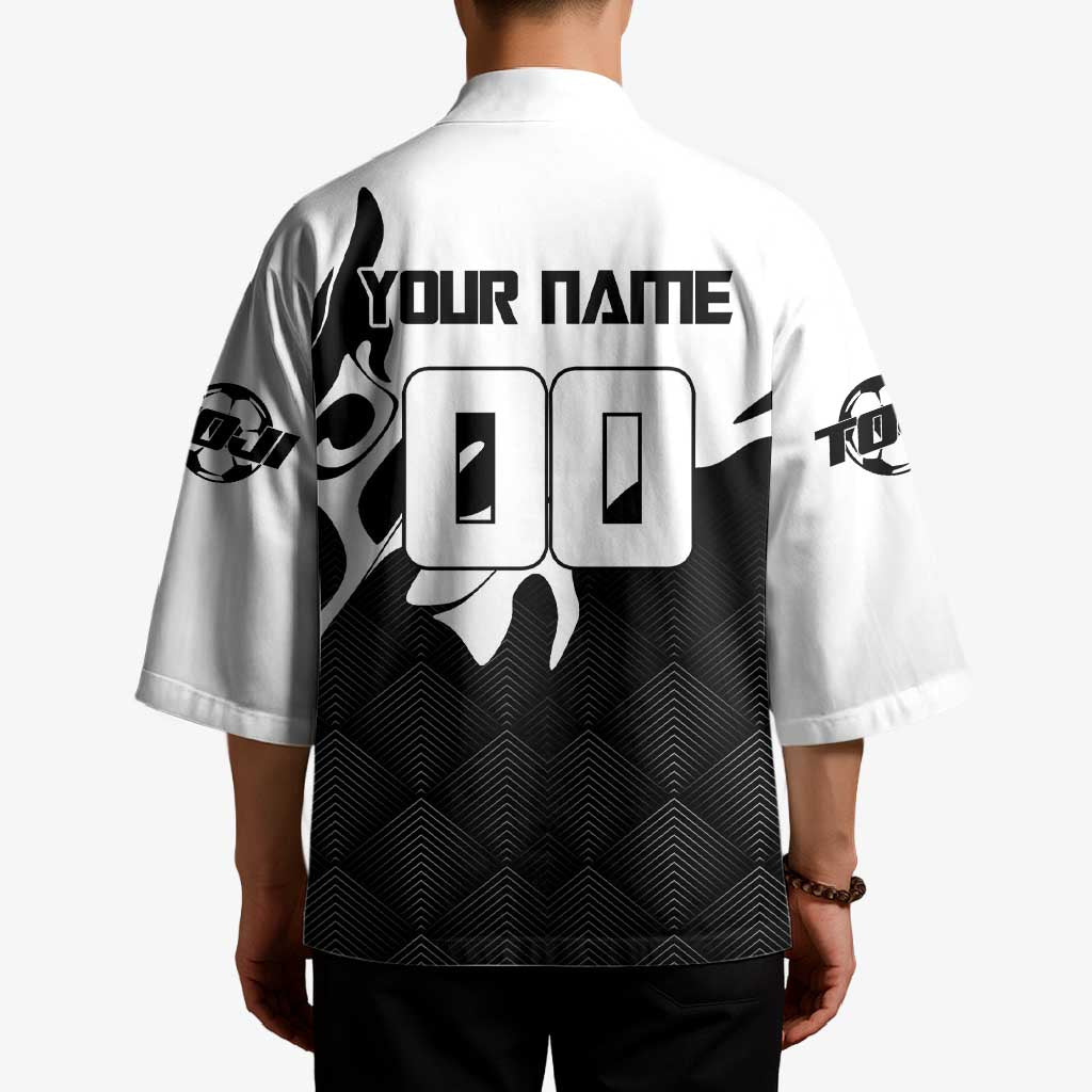 Personalized Toji Fushiguro Jujutsu Kaisen Soccer Theme Kimono with Dribbling Pose and Monochrome Black White Flame Graphic Design - The Mazicc