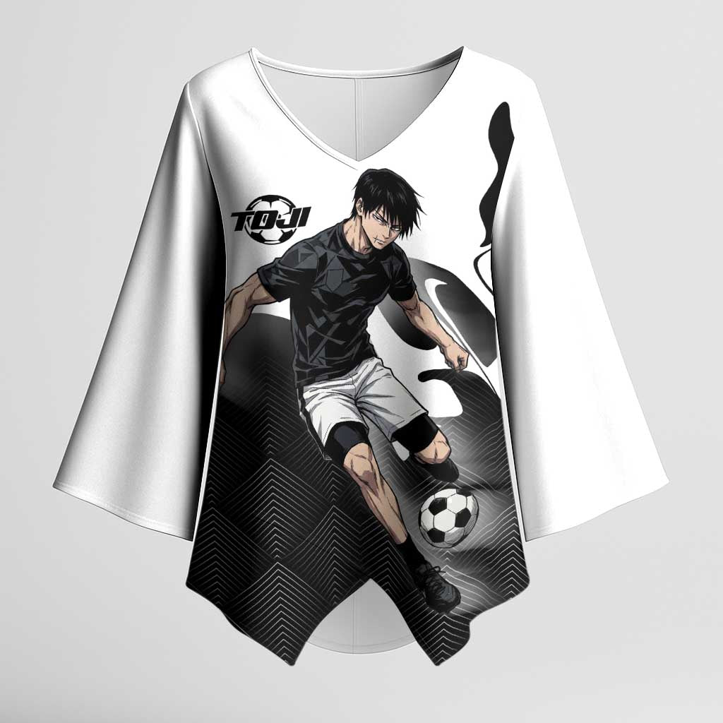 Personalized Toji Fushiguro Jujutsu Kaisen Soccer Theme Kimono Sleeve Blouse with Dribbling Pose and Monochrome Black White Flame Graphic Design - The Mazicc