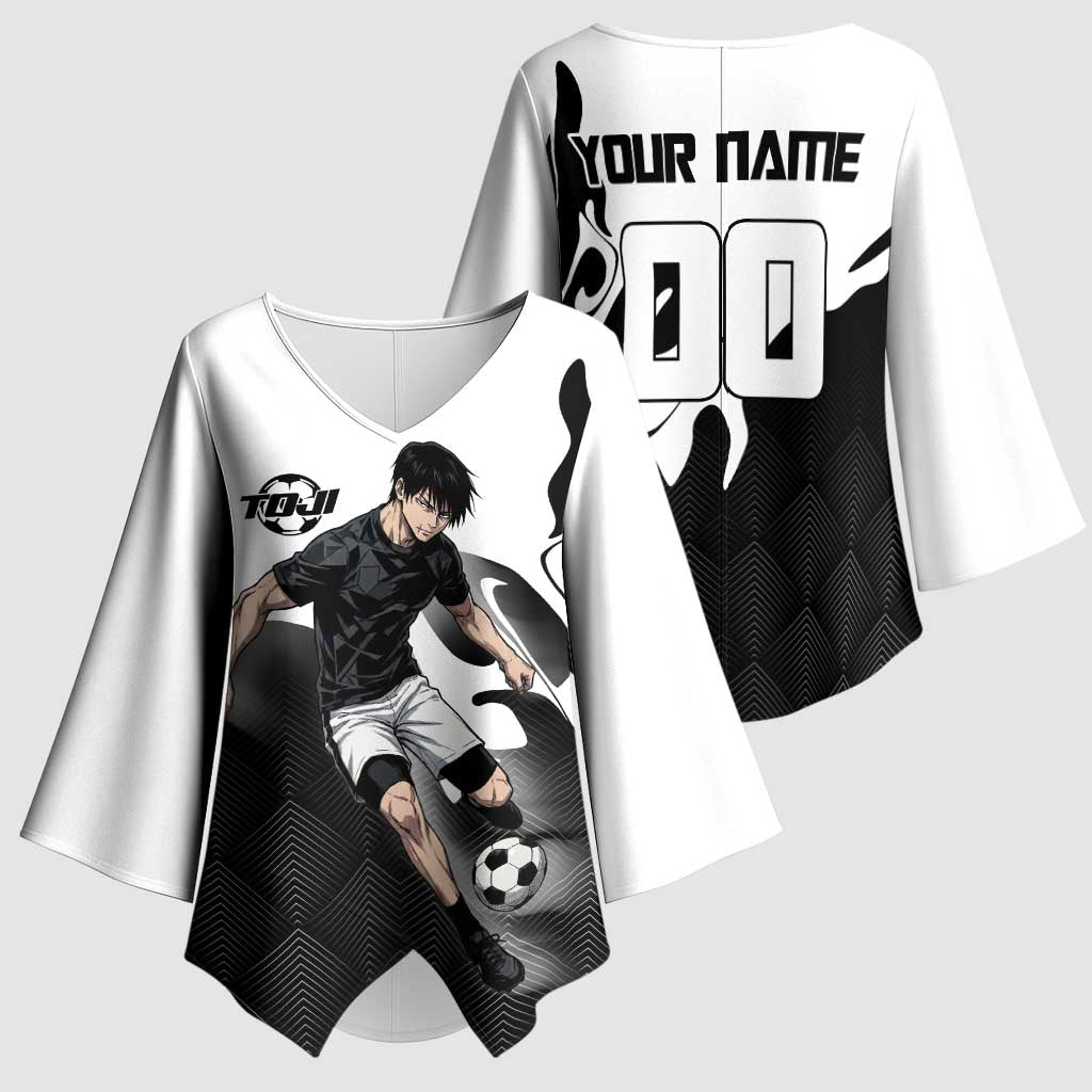 Personalized Toji Fushiguro Jujutsu Kaisen Soccer Theme Kimono Sleeve Blouse with Dribbling Pose and Monochrome Black White Flame Graphic Design - The Mazicc