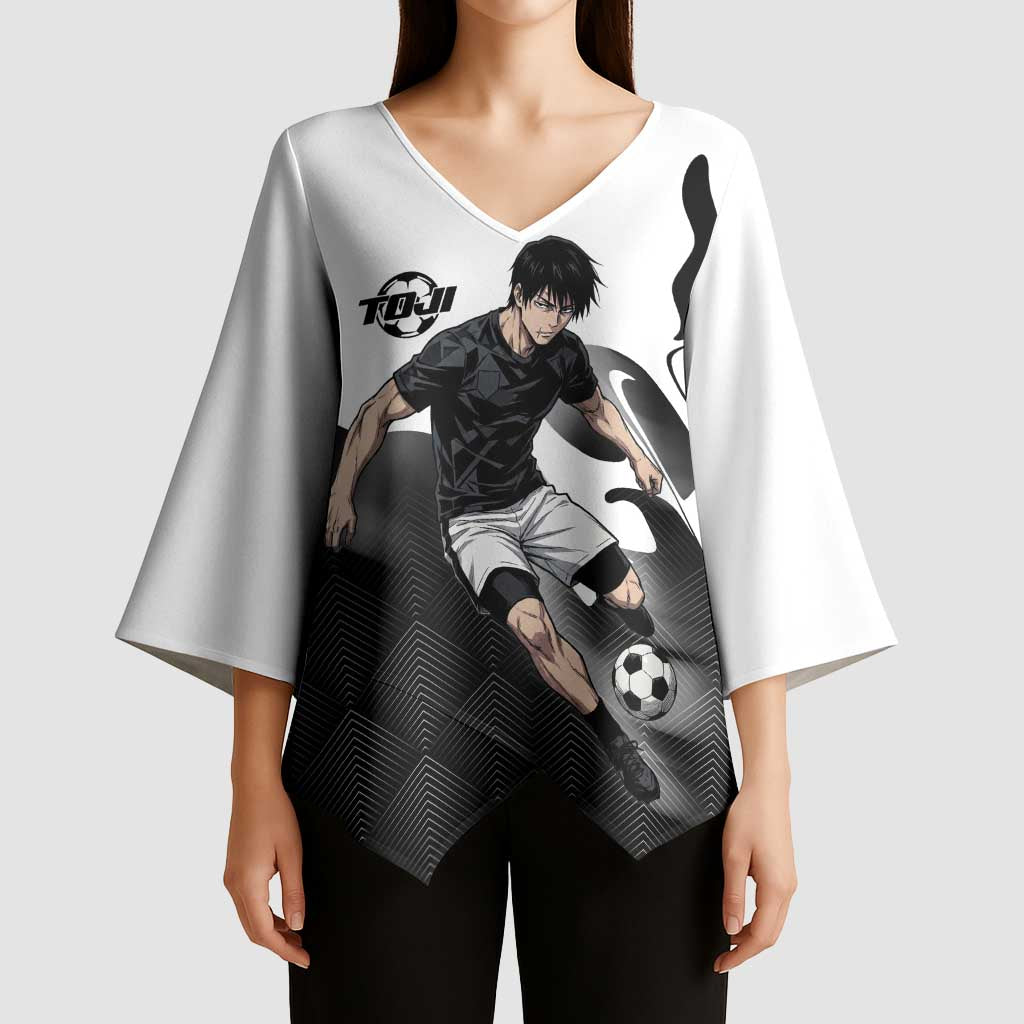 Personalized Toji Fushiguro Jujutsu Kaisen Soccer Theme Kimono Sleeve Blouse with Dribbling Pose and Monochrome Black White Flame Graphic Design - The Mazicc