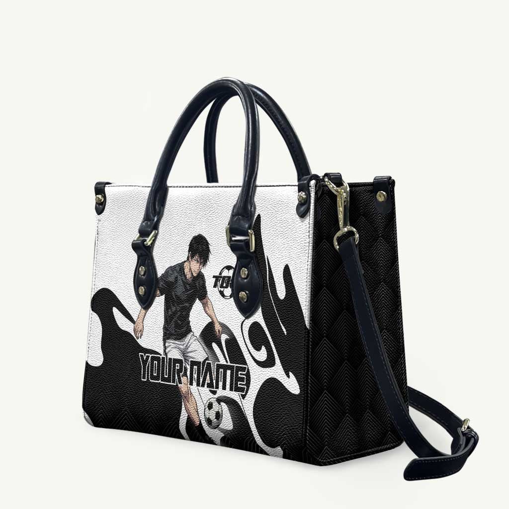 Personalized Toji Fushiguro Jujutsu Kaisen Soccer Theme Leather Bag with Dribbling Pose and Monochrome Black White Flame Graphic Design - The Mazicc