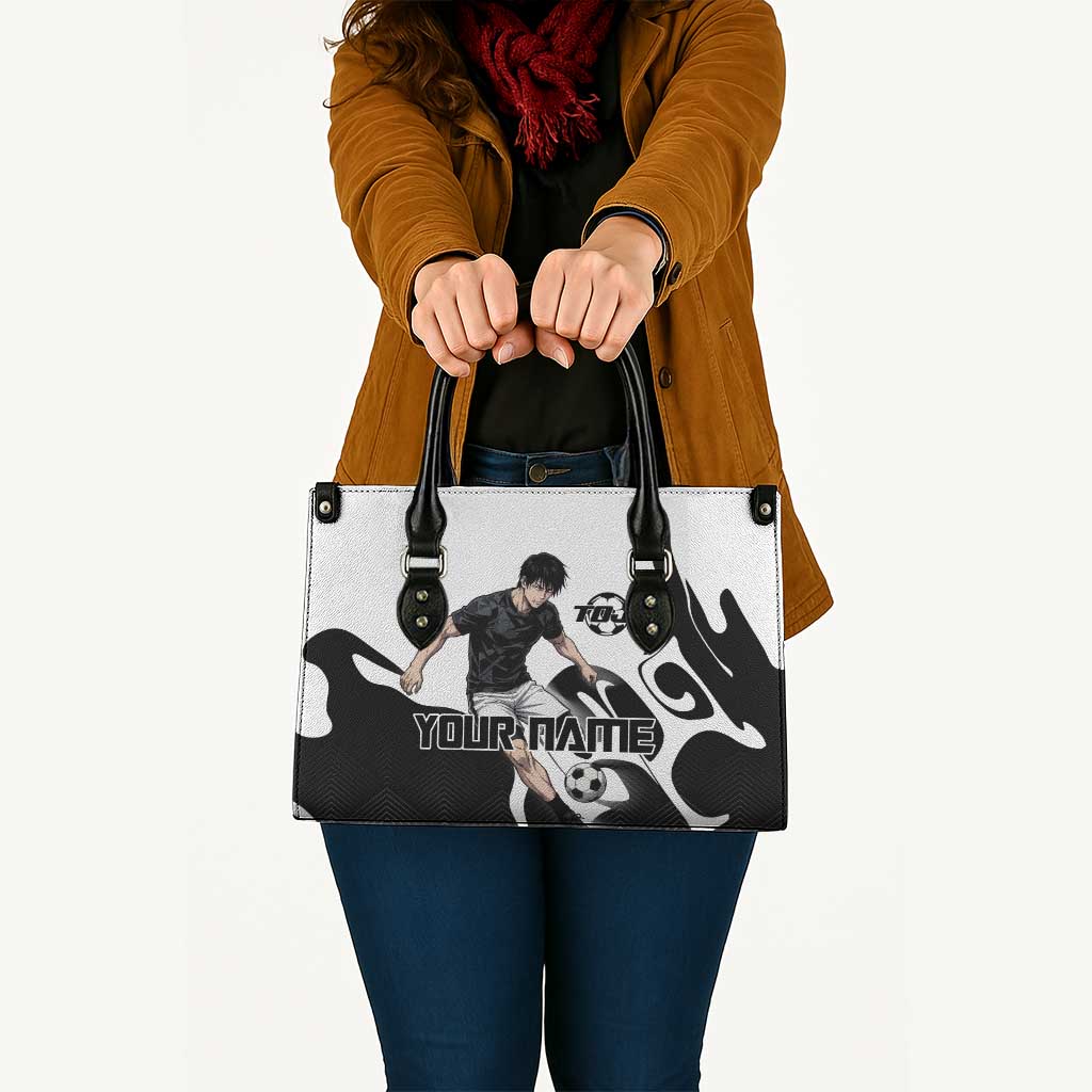 Personalized Toji Fushiguro Jujutsu Kaisen Soccer Theme Leather Bag with Dribbling Pose and Monochrome Black White Flame Graphic Design - The Mazicc