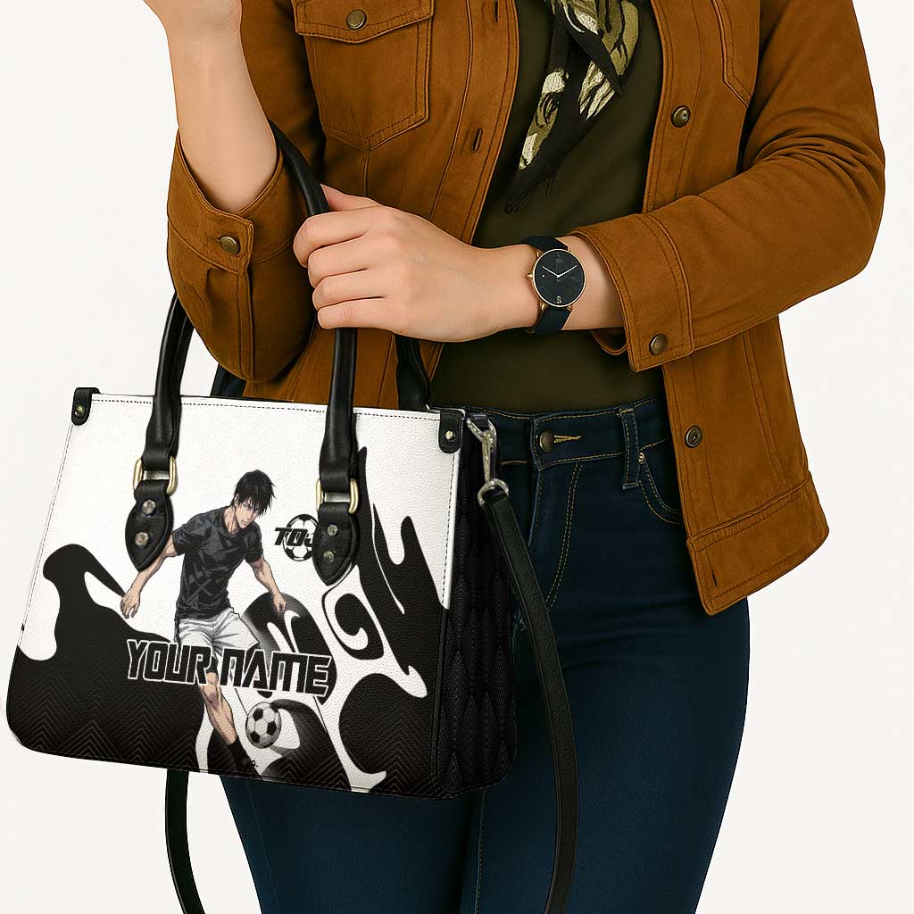 Personalized Toji Fushiguro Jujutsu Kaisen Soccer Theme Leather Bag with Dribbling Pose and Monochrome Black White Flame Graphic Design - The Mazicc