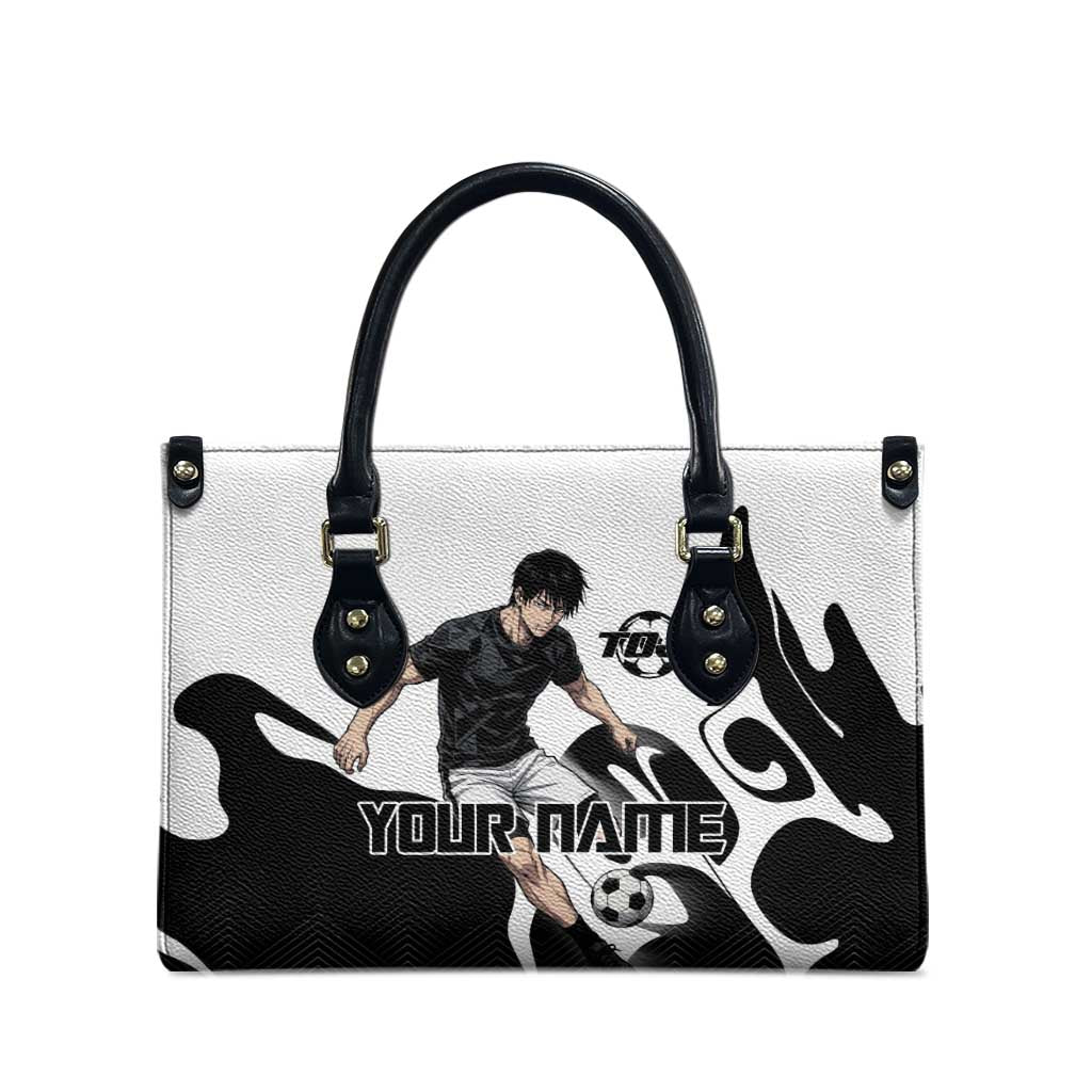 Personalized Toji Fushiguro Jujutsu Kaisen Soccer Theme Leather Bag with Dribbling Pose and Monochrome Black White Flame Graphic Design - The Mazicc