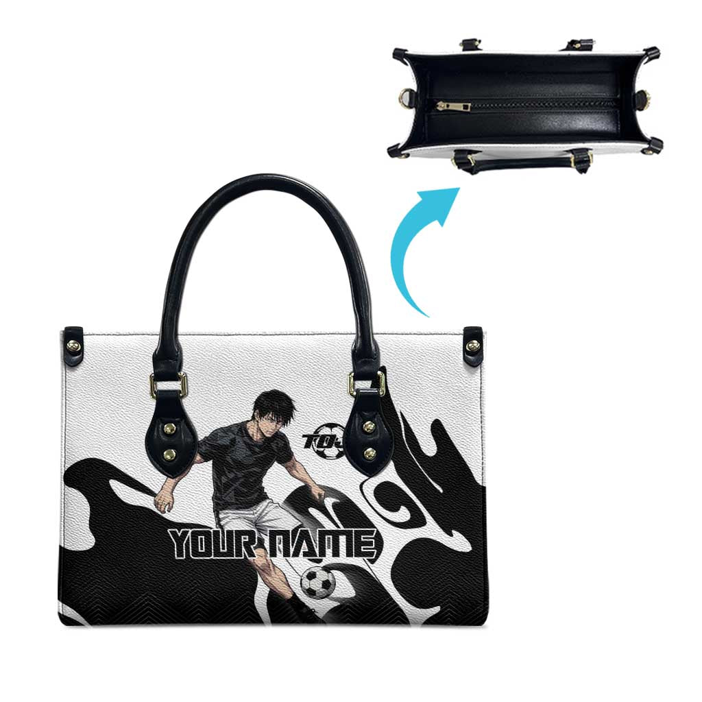 Personalized Toji Fushiguro Jujutsu Kaisen Soccer Theme Leather Bag with Dribbling Pose and Monochrome Black White Flame Graphic Design - The Mazicc