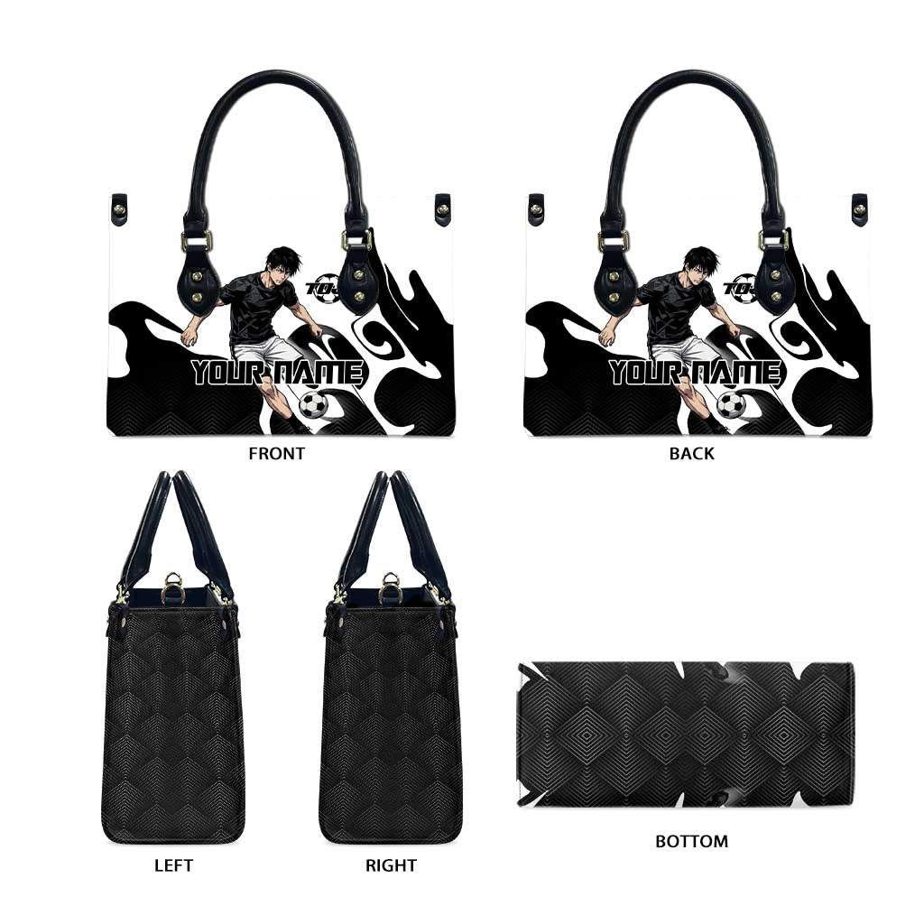 Personalized Toji Fushiguro Jujutsu Kaisen Soccer Theme Leather Bag with Dribbling Pose and Monochrome Black White Flame Graphic Design - The Mazicc