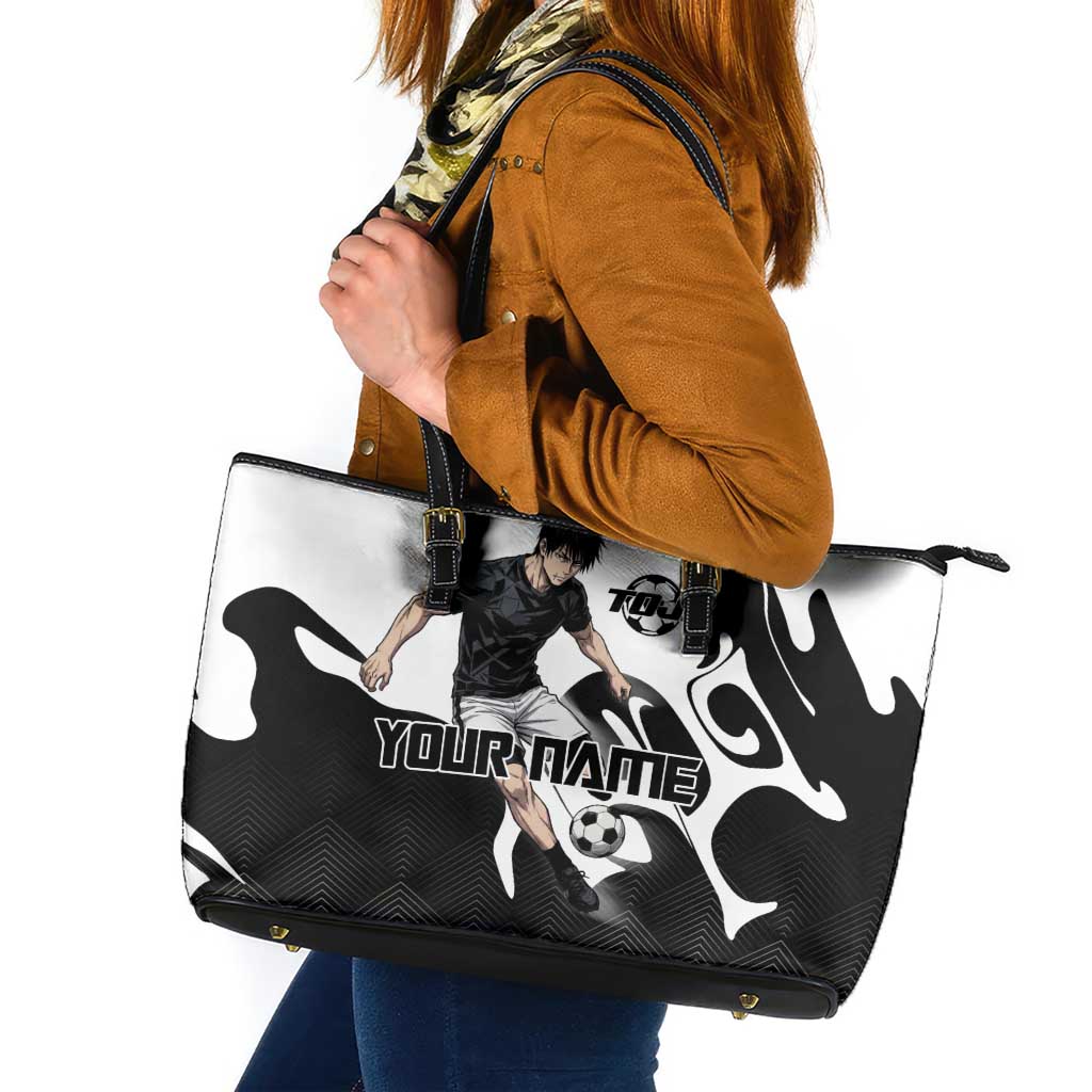 Personalized Toji Fushiguro Jujutsu Kaisen Soccer Theme Leather Tote Bag with Dribbling Pose and Monochrome Black White Flame Graphic Design - The Mazicc