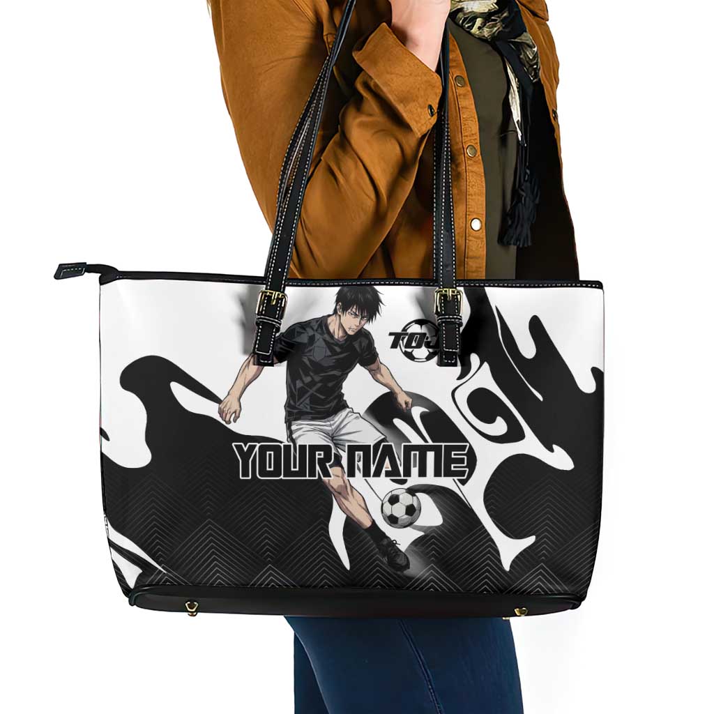 Personalized Toji Fushiguro Jujutsu Kaisen Soccer Theme Leather Tote Bag with Dribbling Pose and Monochrome Black White Flame Graphic Design - The Mazicc