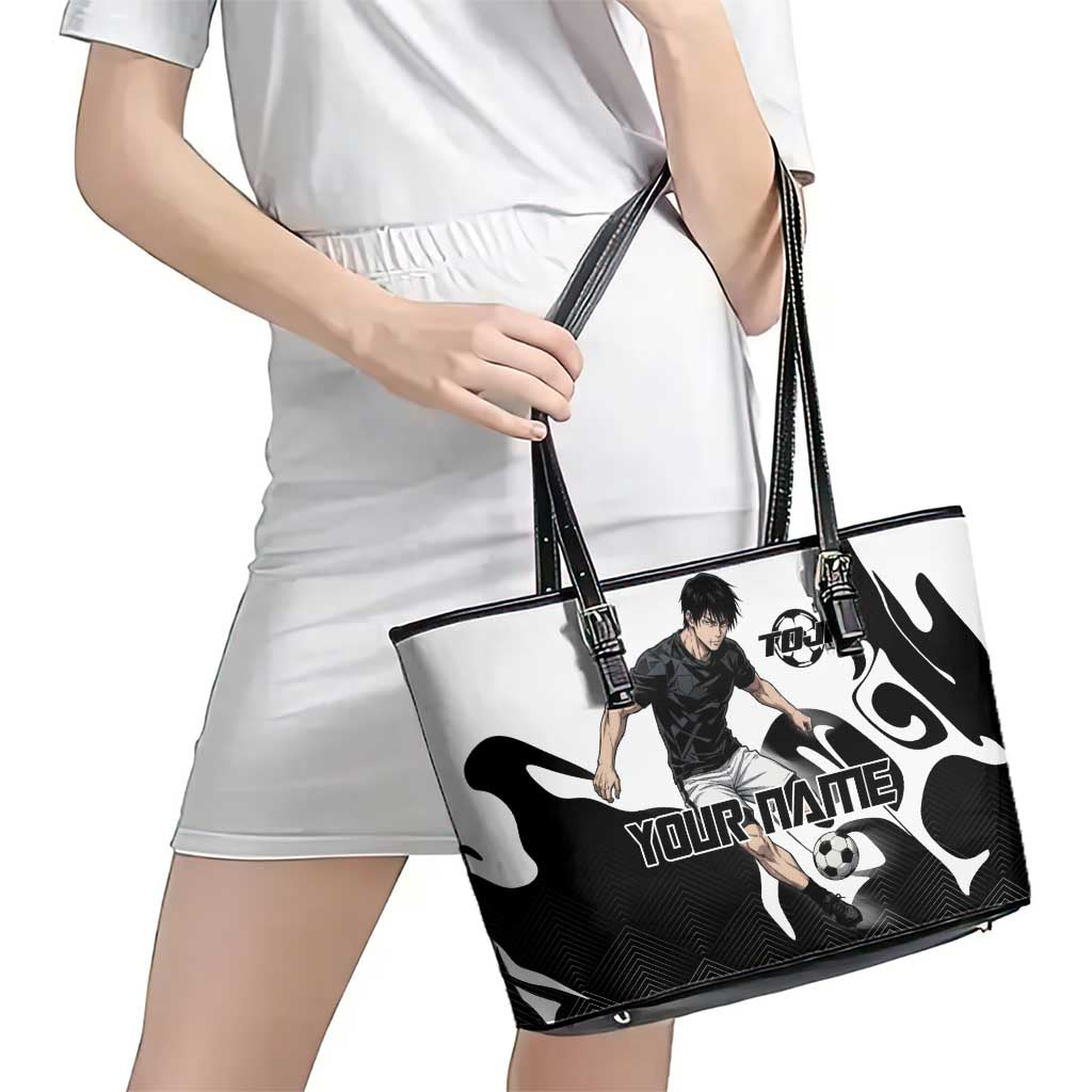 Personalized Toji Fushiguro Jujutsu Kaisen Soccer Theme Leather Tote Bag with Dribbling Pose and Monochrome Black White Flame Graphic Design - The Mazicc