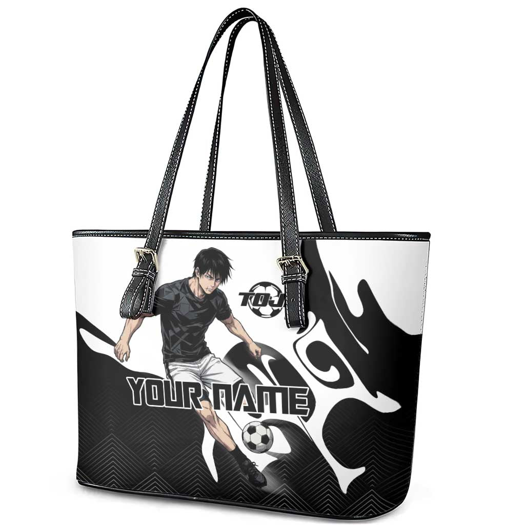 Personalized Toji Fushiguro Jujutsu Kaisen Soccer Theme Leather Tote Bag with Dribbling Pose and Monochrome Black White Flame Graphic Design - The Mazicc