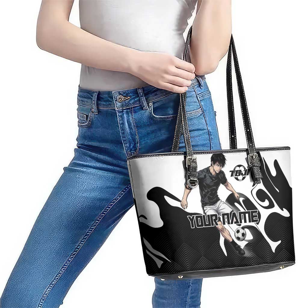 Personalized Toji Fushiguro Jujutsu Kaisen Soccer Theme Leather Tote Bag with Dribbling Pose and Monochrome Black White Flame Graphic Design - The Mazicc