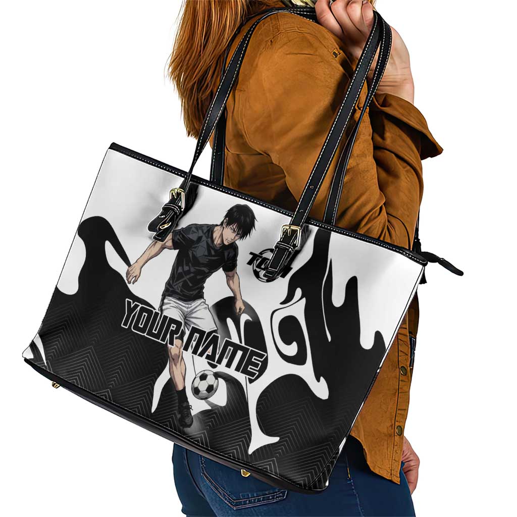 Personalized Toji Fushiguro Jujutsu Kaisen Soccer Theme Leather Tote Bag with Dribbling Pose and Monochrome Black White Flame Graphic Design - The Mazicc