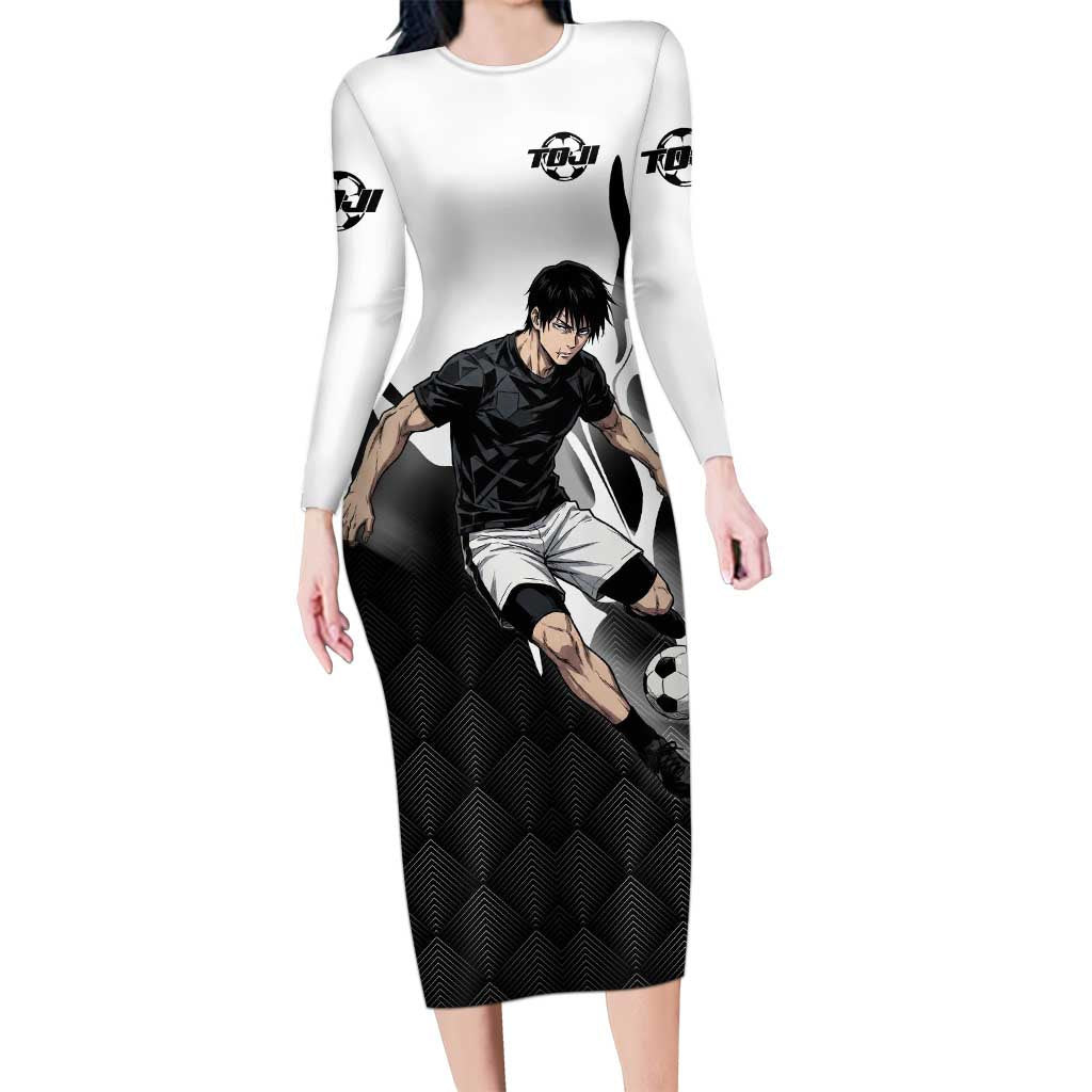 Personalized Toji Fushiguro Jujutsu Kaisen Soccer Theme Long Sleeve Bodycon Dress with Dribbling Pose and Monochrome Black White Flame Graphic Design - The Mazicc