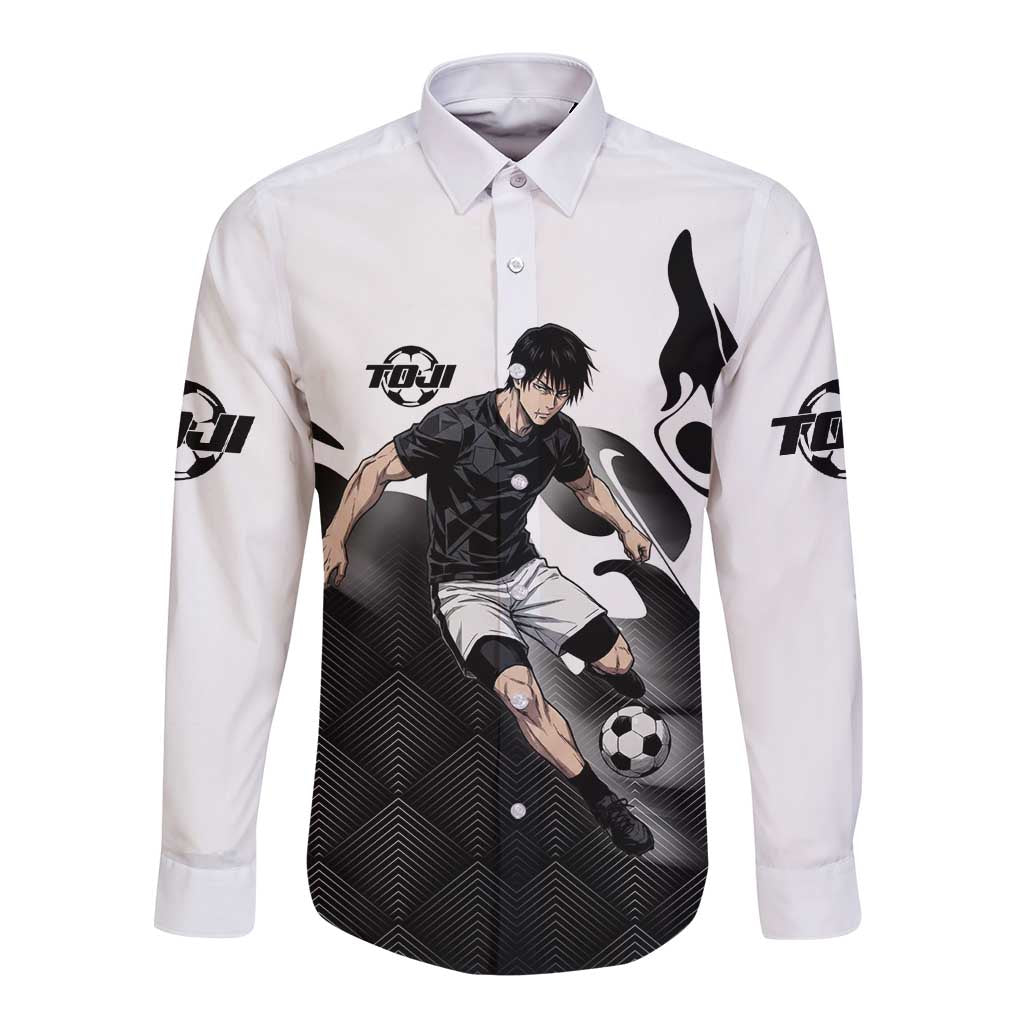 Personalized Toji Fushiguro Jujutsu Kaisen Soccer Theme Long Sleeve Button Shirt with Dribbling Pose and Monochrome Black White Flame Graphic Design - The Mazicc