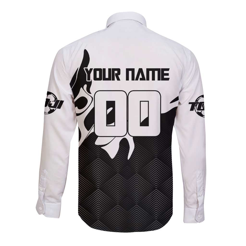 Personalized Toji Fushiguro Jujutsu Kaisen Soccer Theme Long Sleeve Button Shirt with Dribbling Pose and Monochrome Black White Flame Graphic Design - The Mazicc