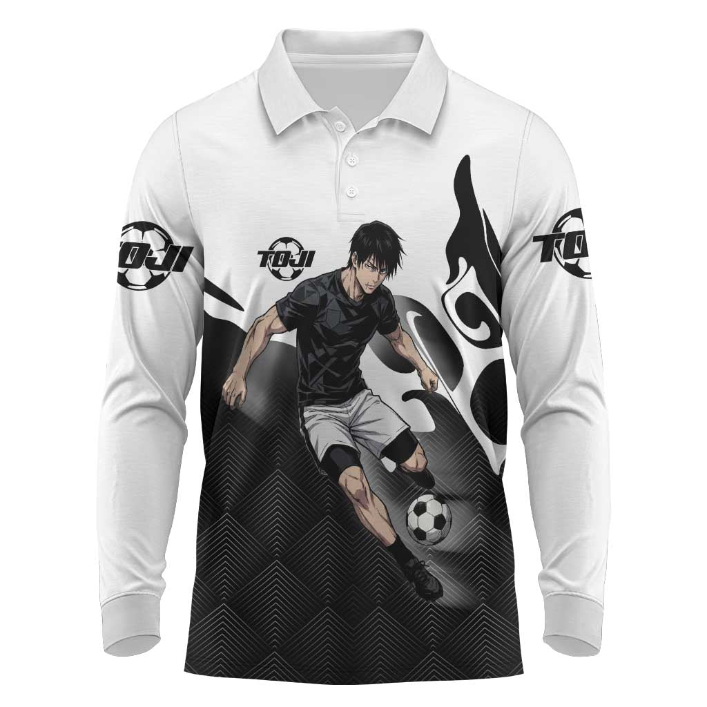 Personalized Toji Fushiguro Jujutsu Kaisen Soccer Theme Long Sleeve Polo Shirt with Dribbling Pose and Monochrome Black White Flame Graphic Design - The Mazicc