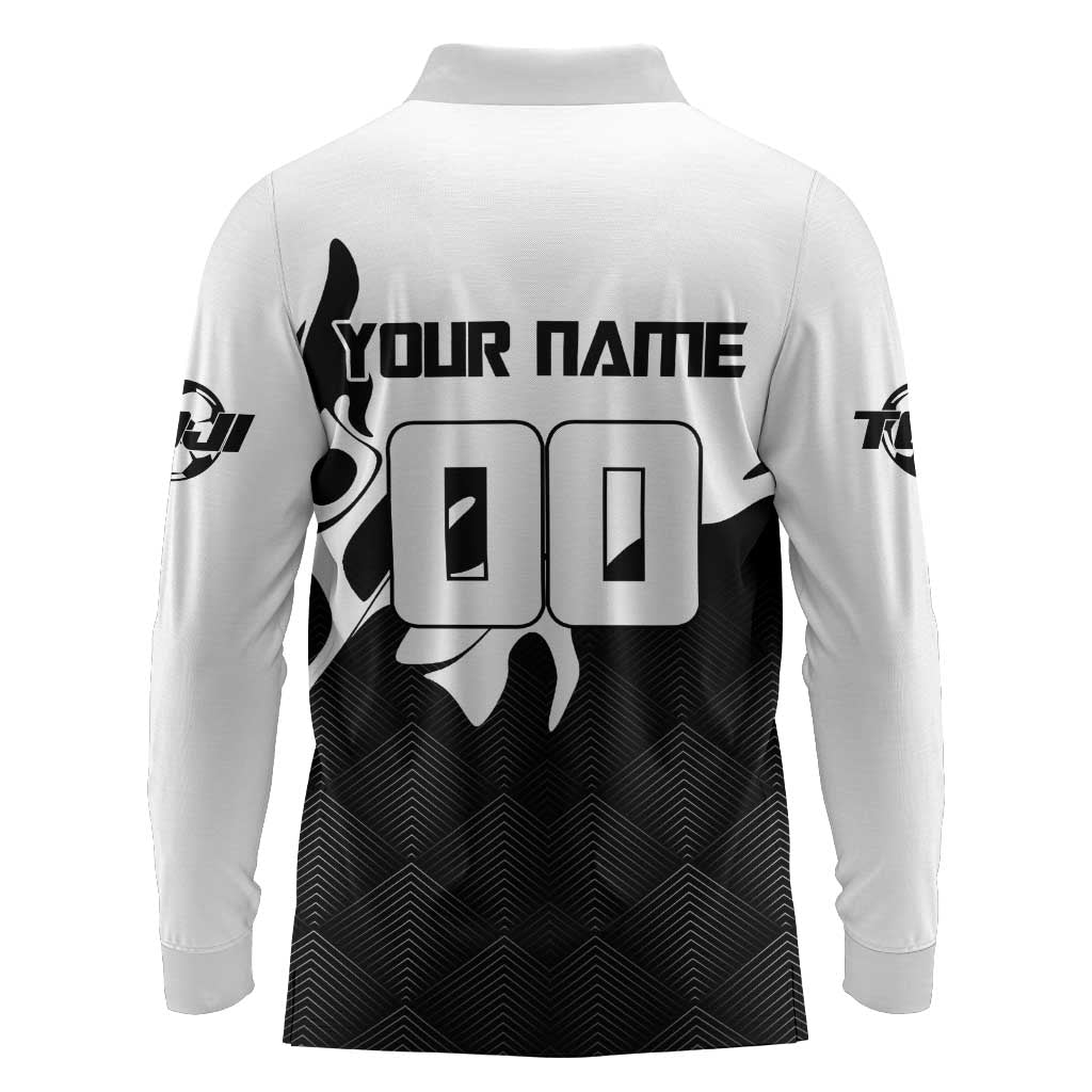 Personalized Toji Fushiguro Jujutsu Kaisen Soccer Theme Long Sleeve Polo Shirt with Dribbling Pose and Monochrome Black White Flame Graphic Design - The Mazicc