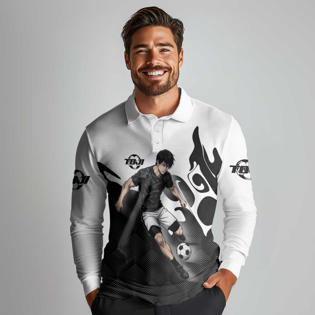 Personalized Toji Fushiguro Jujutsu Kaisen Soccer Theme Long Sleeve Polo Shirt with Dribbling Pose and Monochrome Black White Flame Graphic Design - The Mazicc