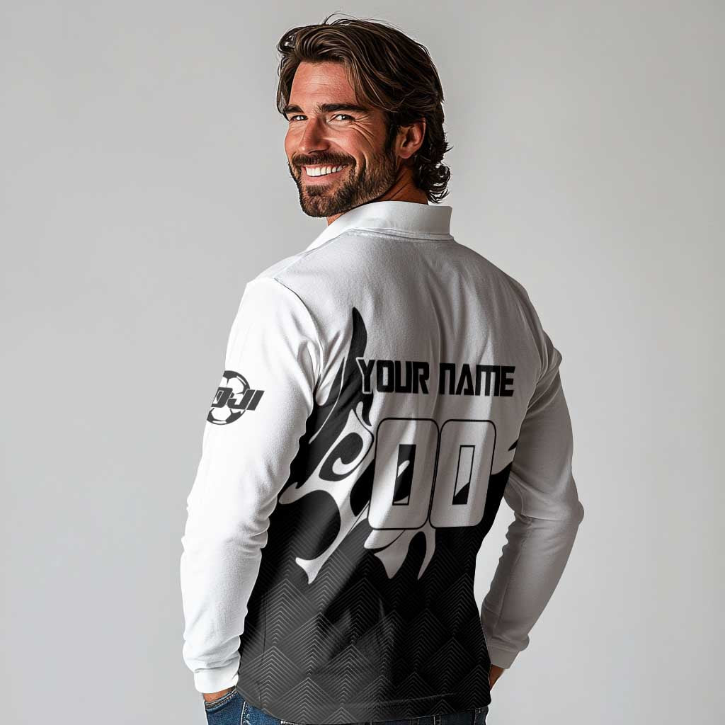 Personalized Toji Fushiguro Jujutsu Kaisen Soccer Theme Long Sleeve Polo Shirt with Dribbling Pose and Monochrome Black White Flame Graphic Design - The Mazicc