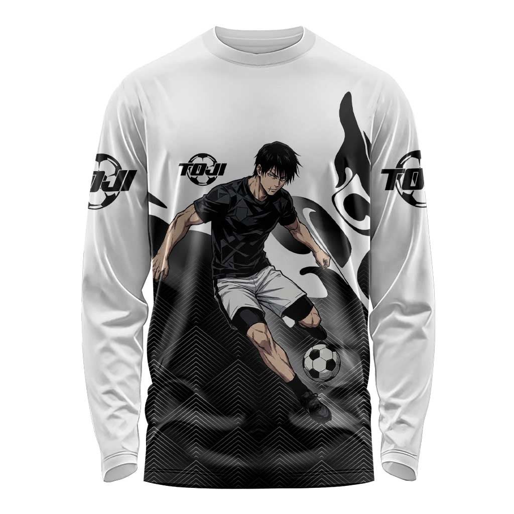Personalized Toji Fushiguro Jujutsu Kaisen Soccer Theme Long Sleeve Shirt with Dribbling Pose and Monochrome Black White Flame Graphic Design - The Mazicc