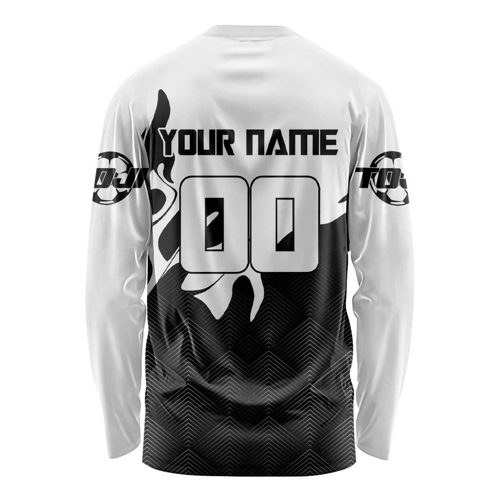 Personalized Toji Fushiguro Jujutsu Kaisen Soccer Theme Long Sleeve Shirt with Dribbling Pose and Monochrome Black White Flame Graphic Design - The Mazicc