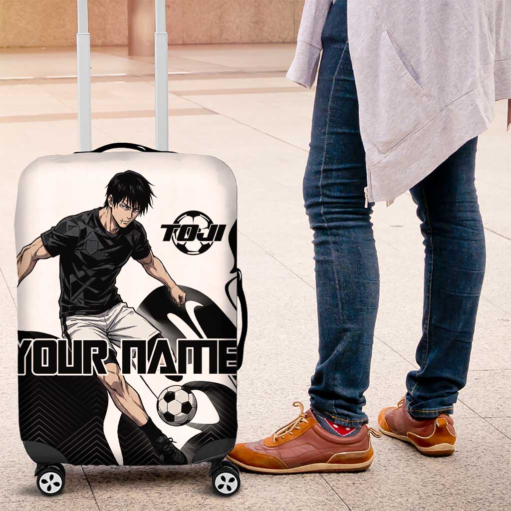 Personalized Toji Fushiguro Jujutsu Kaisen Soccer Theme Luggage Cover with Dribbling Pose and Monochrome Black White Flame Graphic Design - The Mazicc