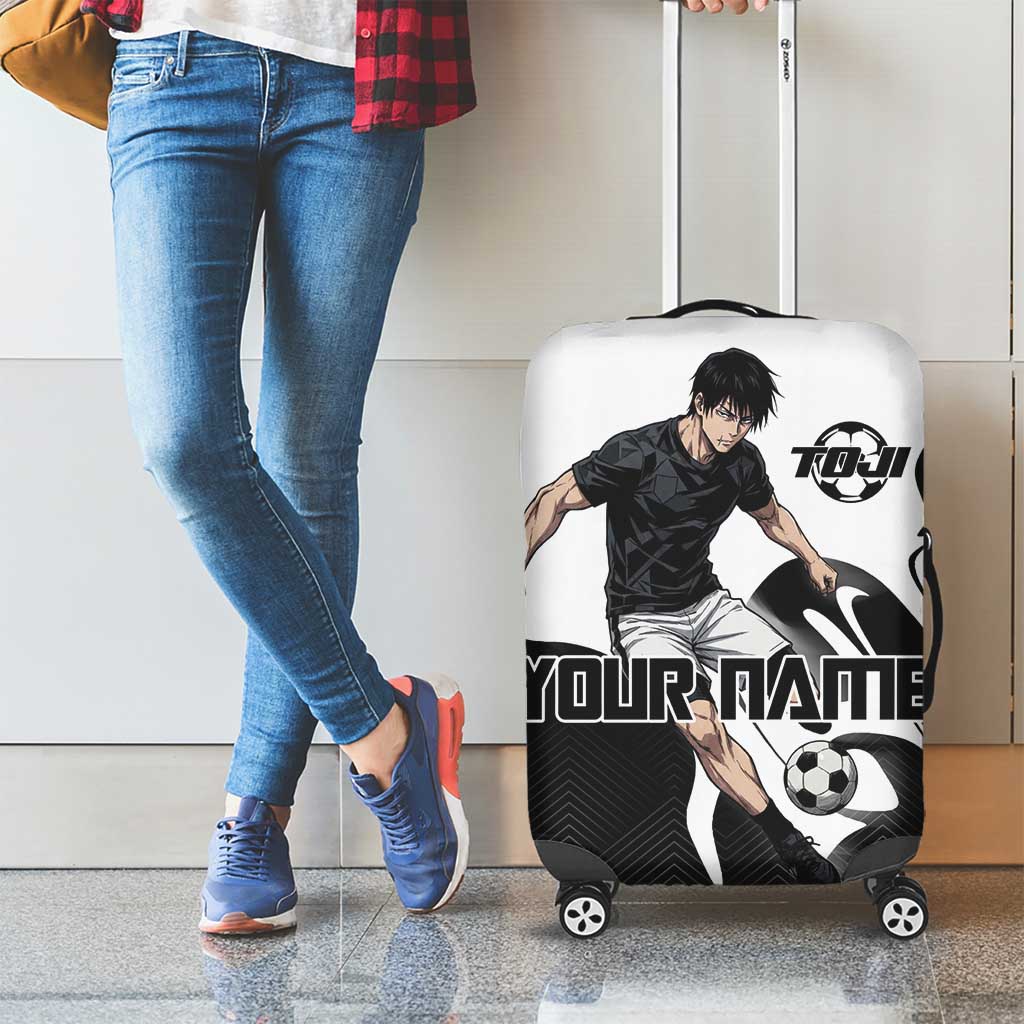 Personalized Toji Fushiguro Jujutsu Kaisen Soccer Theme Luggage Cover with Dribbling Pose and Monochrome Black White Flame Graphic Design - The Mazicc