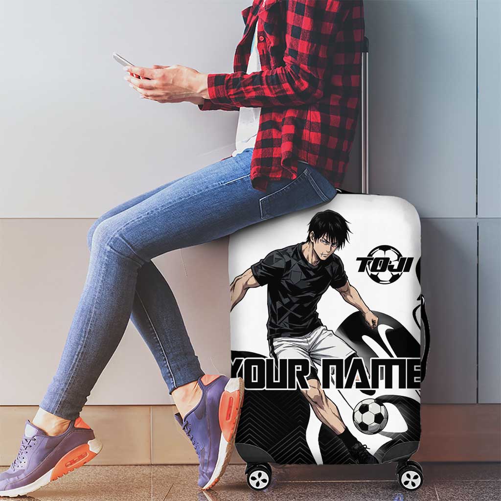 Personalized Toji Fushiguro Jujutsu Kaisen Soccer Theme Luggage Cover with Dribbling Pose and Monochrome Black White Flame Graphic Design - The Mazicc
