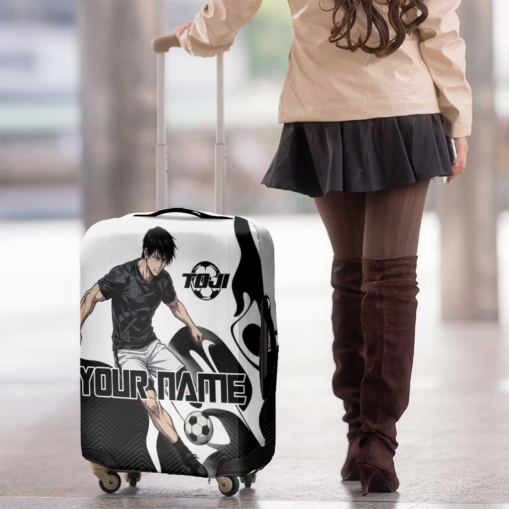 Personalized Toji Fushiguro Jujutsu Kaisen Soccer Theme Luggage Cover with Dribbling Pose and Monochrome Black White Flame Graphic Design - The Mazicc