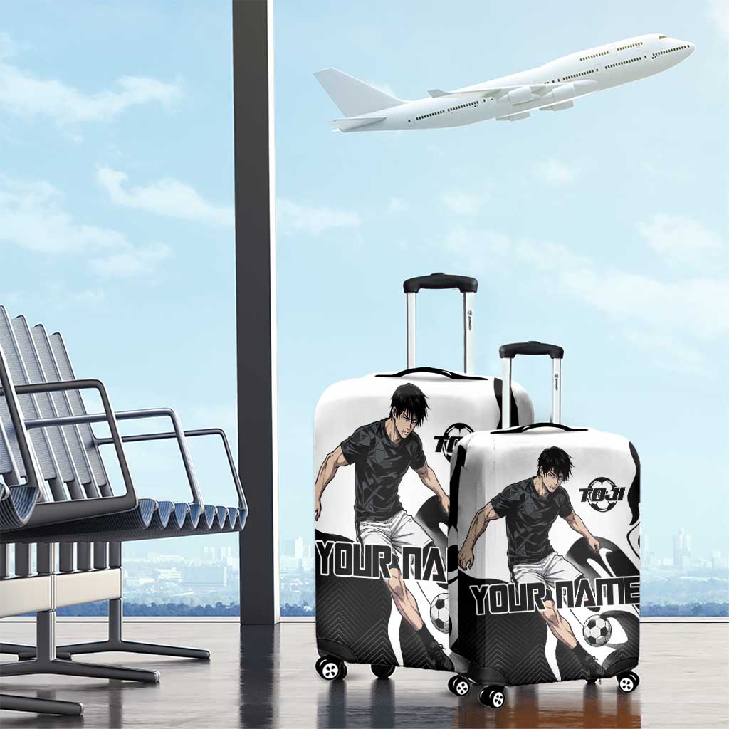 Personalized Toji Fushiguro Jujutsu Kaisen Soccer Theme Luggage Cover with Dribbling Pose and Monochrome Black White Flame Graphic Design - The Mazicc