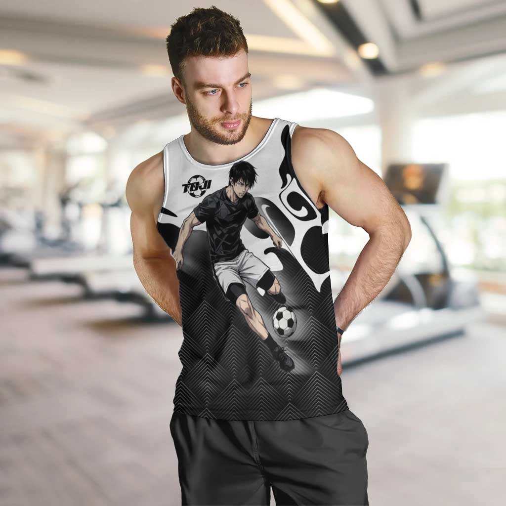 Personalized Toji Fushiguro Jujutsu Kaisen Soccer Theme Men Tank Top with Dribbling Pose and Monochrome Black White Flame Graphic Design - The Mazicc
