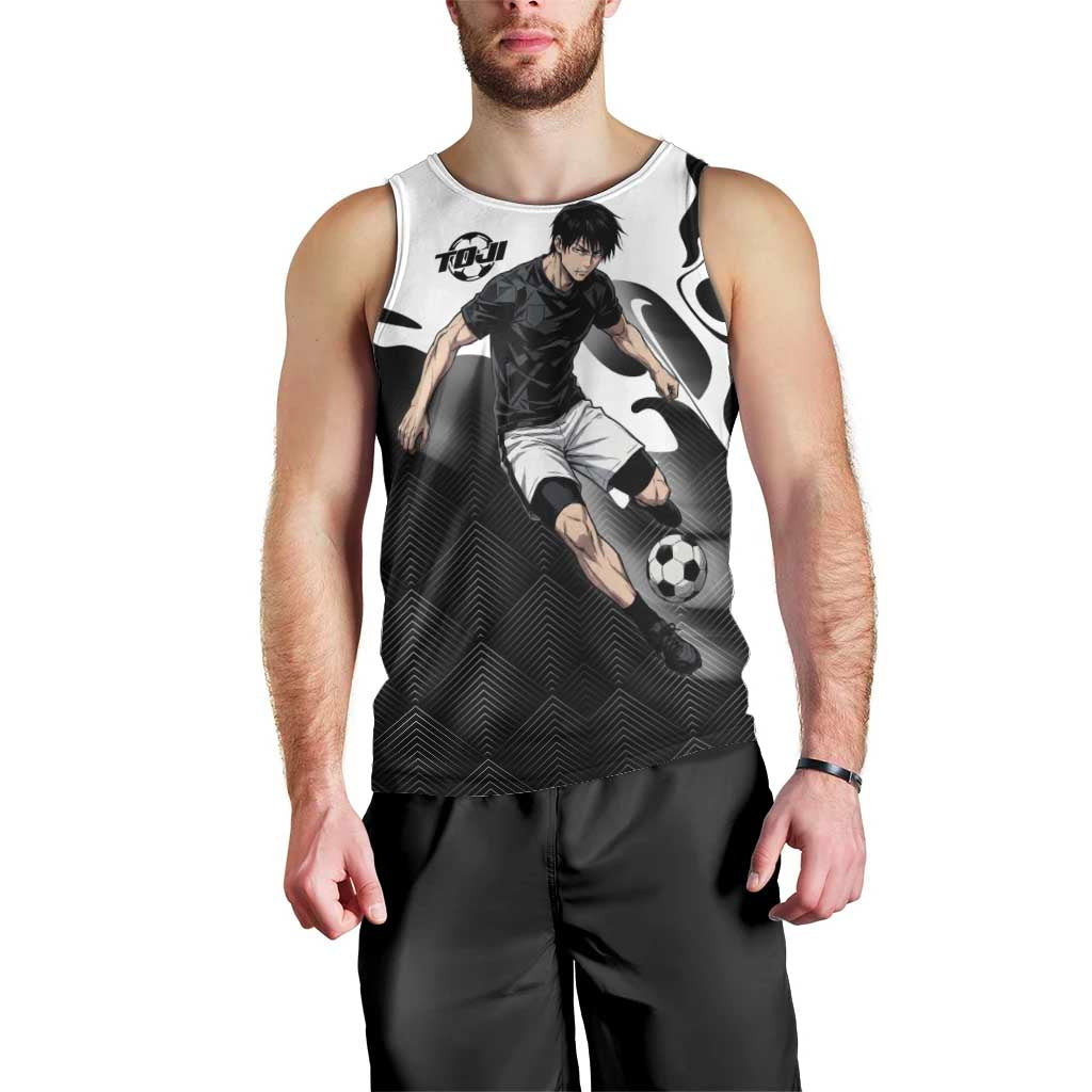 Personalized Toji Fushiguro Jujutsu Kaisen Soccer Theme Men Tank Top with Dribbling Pose and Monochrome Black White Flame Graphic Design - The Mazicc