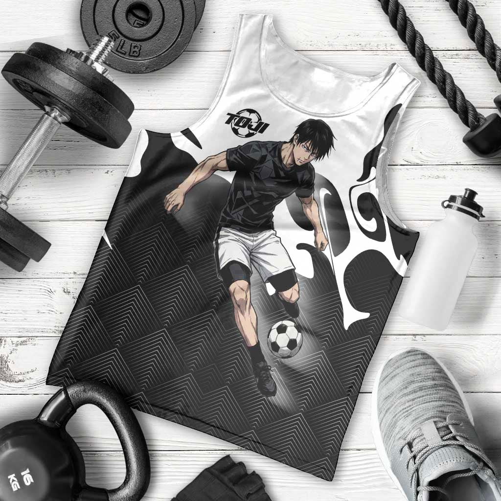Personalized Toji Fushiguro Jujutsu Kaisen Soccer Theme Men Tank Top with Dribbling Pose and Monochrome Black White Flame Graphic Design - The Mazicc