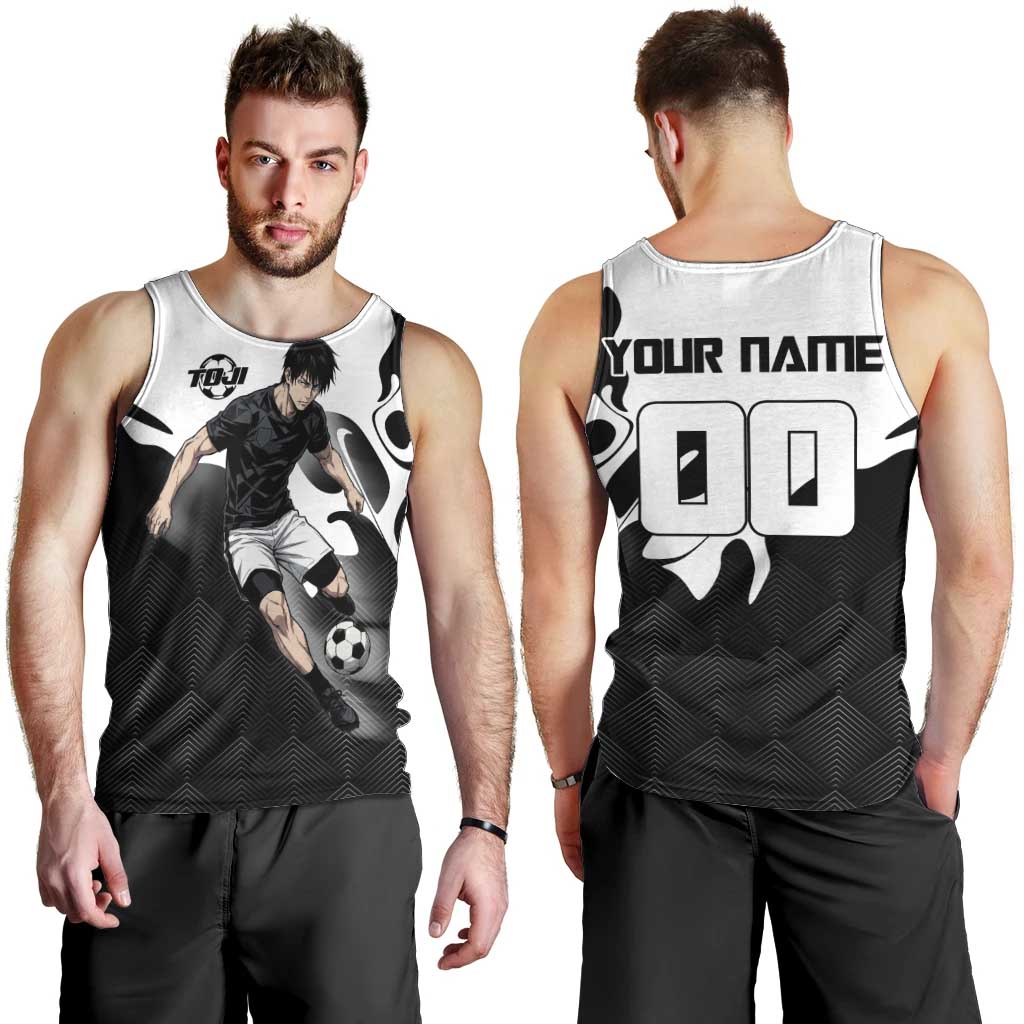 Personalized Toji Fushiguro Jujutsu Kaisen Soccer Theme Men Tank Top with Dribbling Pose and Monochrome Black White Flame Graphic Design - The Mazicc