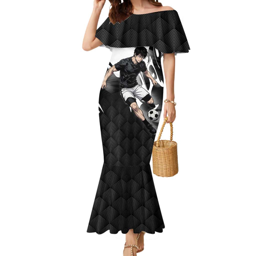 Personalized Toji Fushiguro Jujutsu Kaisen Soccer Theme Mermaid Dress with Dribbling Pose and Monochrome Black White Flame Graphic Design - The Mazicc