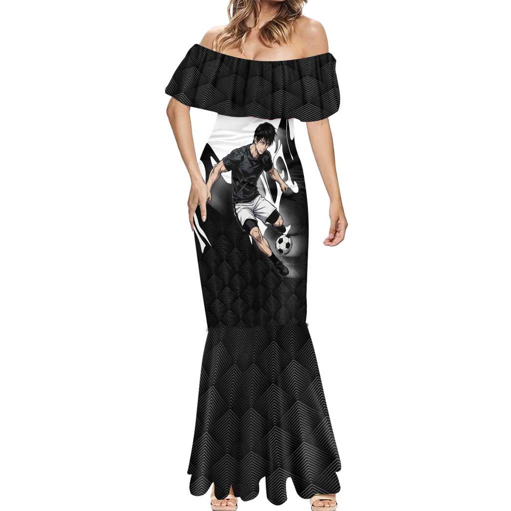 Personalized Toji Fushiguro Jujutsu Kaisen Soccer Theme Mermaid Dress with Dribbling Pose and Monochrome Black White Flame Graphic Design - The Mazicc