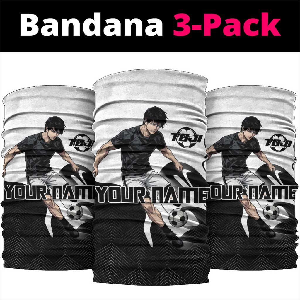 Personalized Toji Fushiguro Jujutsu Kaisen Soccer Theme Neck Gaiter with Dribbling Pose and Monochrome Black White Flame Graphic Design - The Mazicc