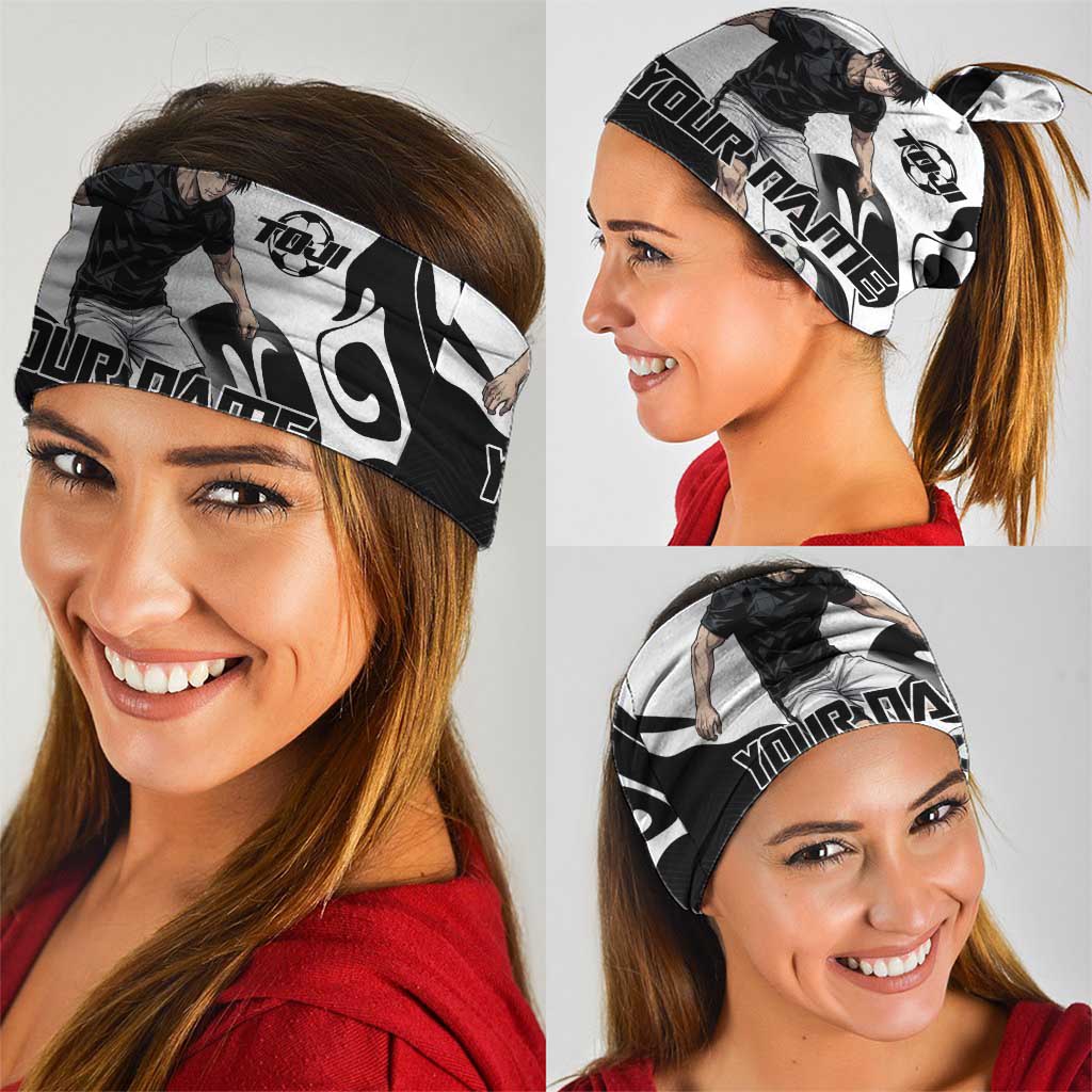 Personalized Toji Fushiguro Jujutsu Kaisen Soccer Theme Neck Gaiter with Dribbling Pose and Monochrome Black White Flame Graphic Design - The Mazicc