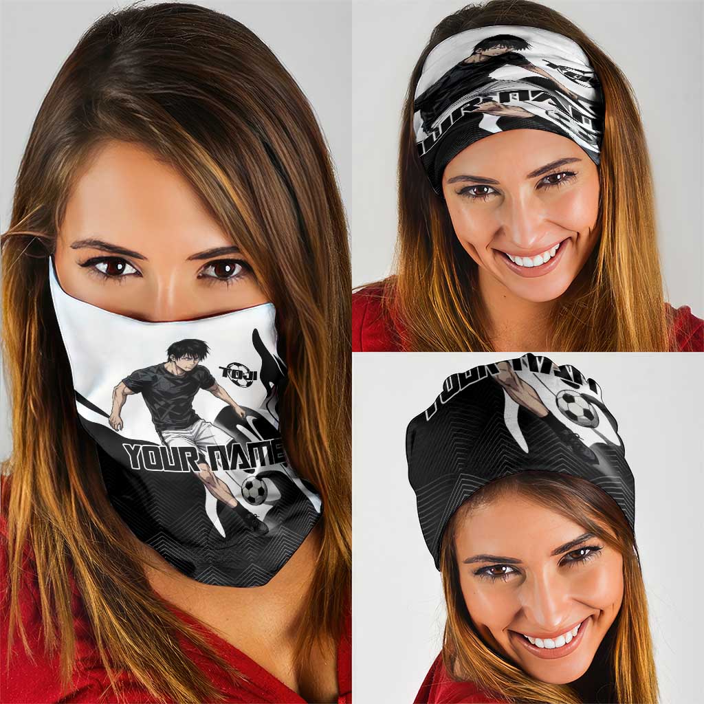 Personalized Toji Fushiguro Jujutsu Kaisen Soccer Theme Neck Gaiter with Dribbling Pose and Monochrome Black White Flame Graphic Design - The Mazicc
