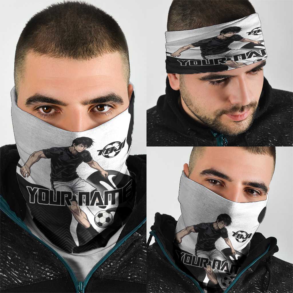 Personalized Toji Fushiguro Jujutsu Kaisen Soccer Theme Neck Gaiter with Dribbling Pose and Monochrome Black White Flame Graphic Design - The Mazicc