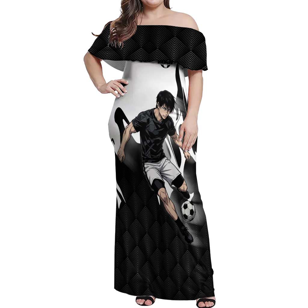 Personalized Toji Fushiguro Jujutsu Kaisen Soccer Theme Off Shoulder Maxi Dress with Dribbling Pose and Monochrome Black White Flame Graphic Design - The Mazicc