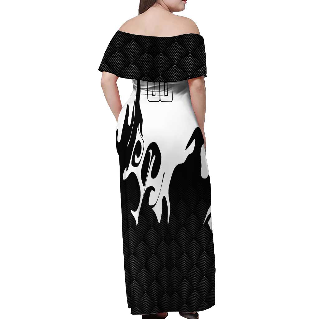Personalized Toji Fushiguro Jujutsu Kaisen Soccer Theme Off Shoulder Maxi Dress with Dribbling Pose and Monochrome Black White Flame Graphic Design - The Mazicc