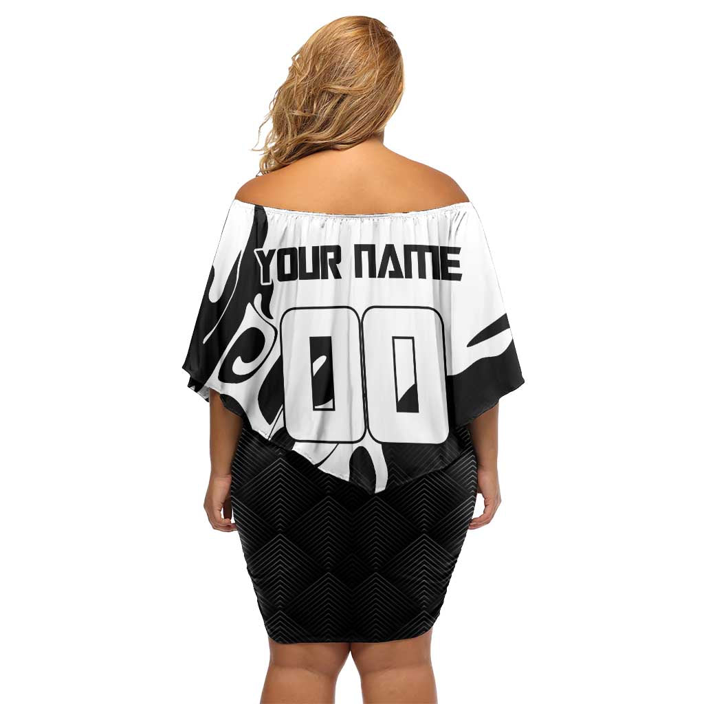 Personalized Toji Fushiguro Jujutsu Kaisen Soccer Theme Off Shoulder Short Dress with Dribbling Pose and Monochrome Black White Flame Graphic Design - The Mazicc
