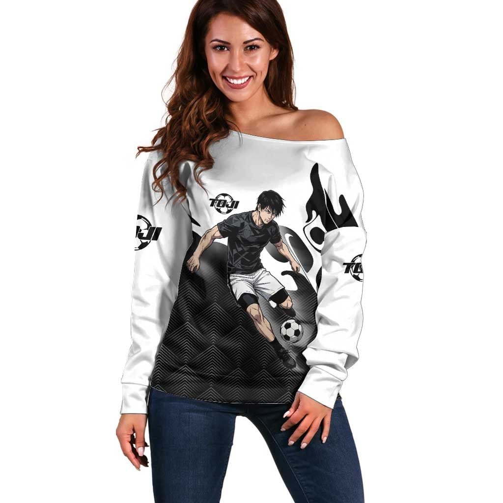 Personalized Toji Fushiguro Jujutsu Kaisen Soccer Theme Off Shoulder Sweater with Dribbling Pose and Monochrome Black White Flame Graphic Design - The Mazicc
