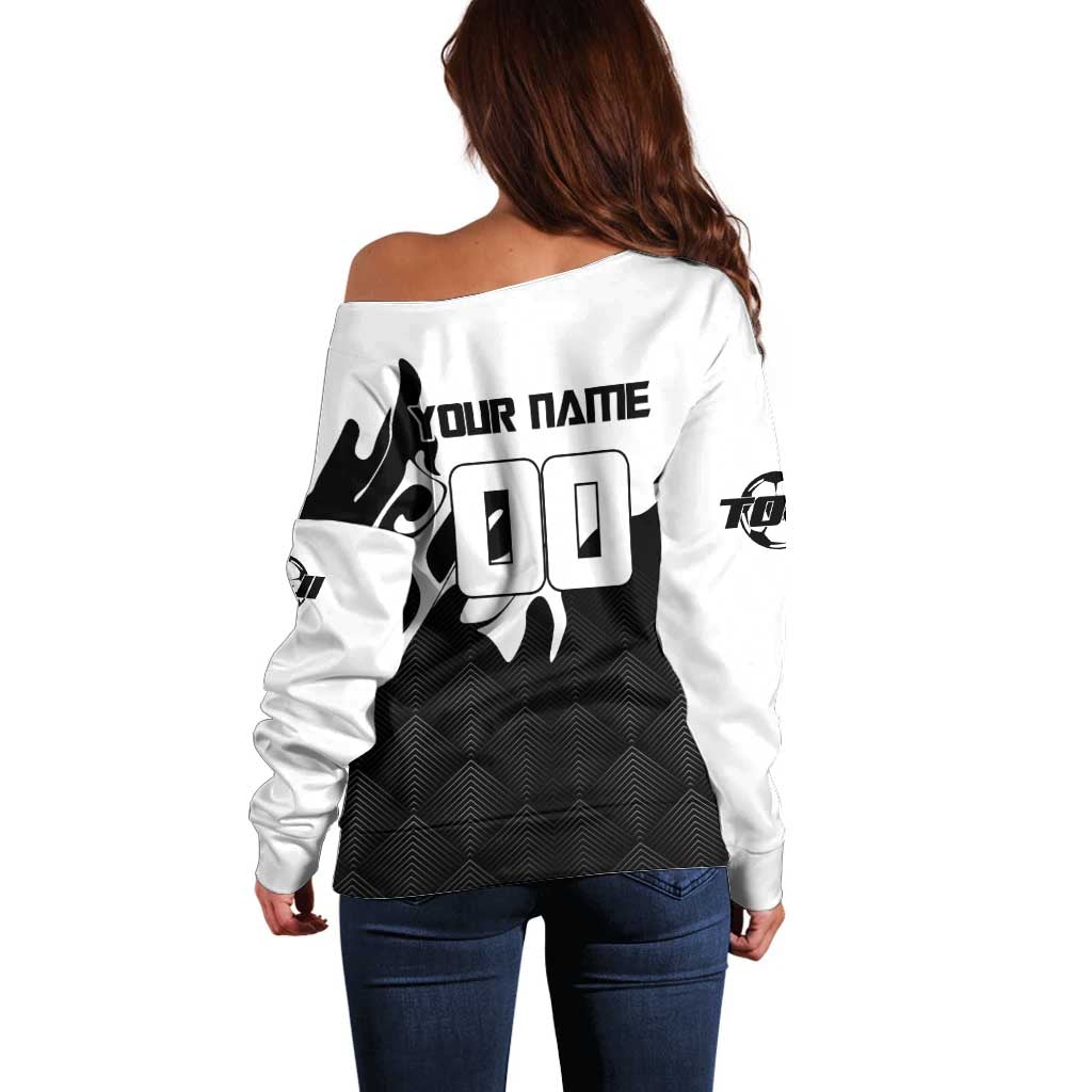 Personalized Toji Fushiguro Jujutsu Kaisen Soccer Theme Off Shoulder Sweater with Dribbling Pose and Monochrome Black White Flame Graphic Design - The Mazicc