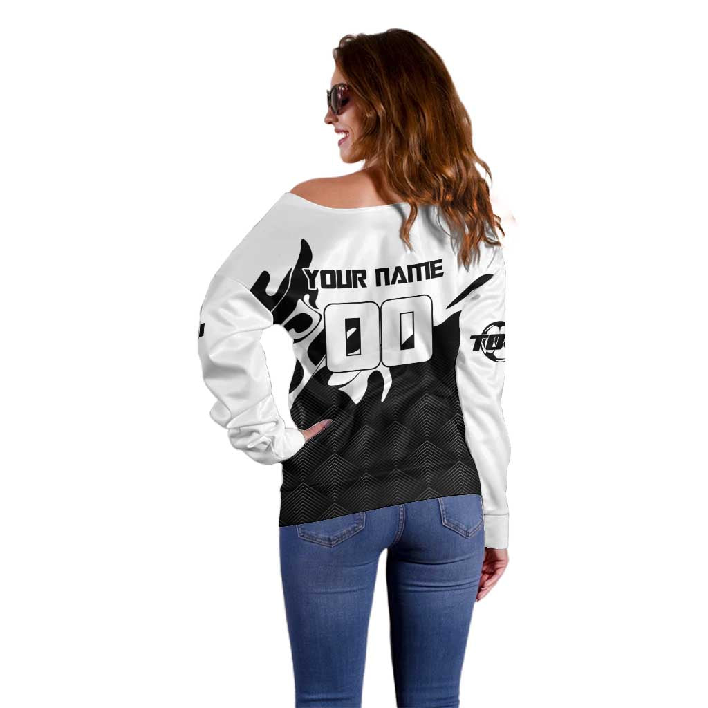 Personalized Toji Fushiguro Jujutsu Kaisen Soccer Theme Off Shoulder Sweater with Dribbling Pose and Monochrome Black White Flame Graphic Design - The Mazicc