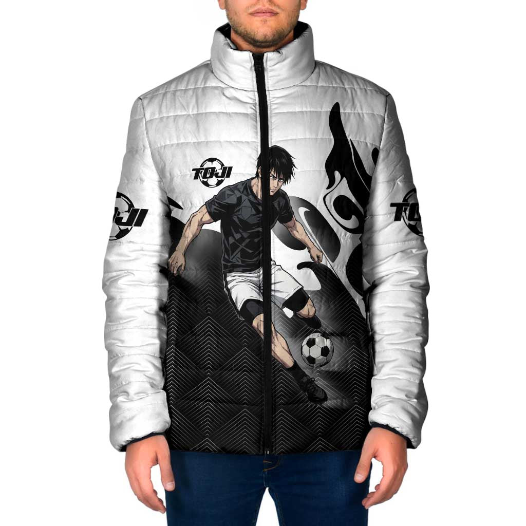 Personalized Toji Fushiguro Jujutsu Kaisen Soccer Theme Padded Jacket with Dribbling Pose and Monochrome Black White Flame Graphic Design - The Mazicc