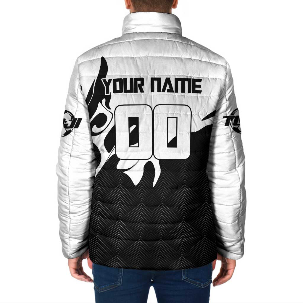 Personalized Toji Fushiguro Jujutsu Kaisen Soccer Theme Padded Jacket with Dribbling Pose and Monochrome Black White Flame Graphic Design - The Mazicc